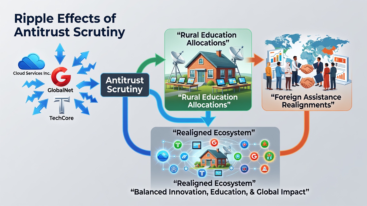 Ripple Effects of Antitrust Scrutiny on Tech Giants and Their Ties to Rural Education Allocations Plus Foreign Assistance Realignments